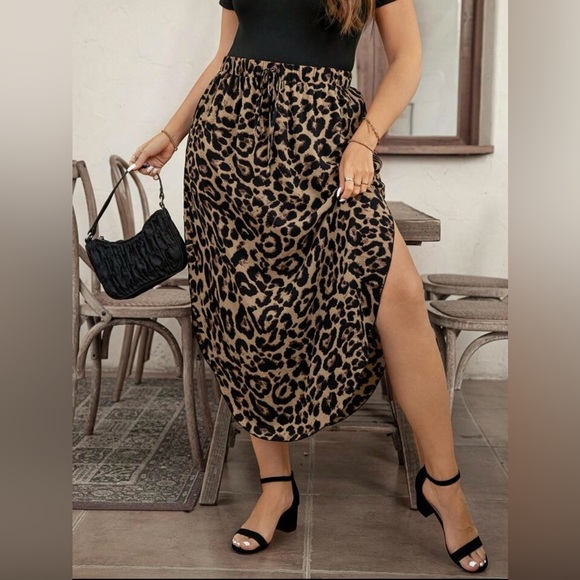 Drawstring Waist Leopard Print Slit Hem Chic Flared Skirt size 1XL - Picture 5 of 6
